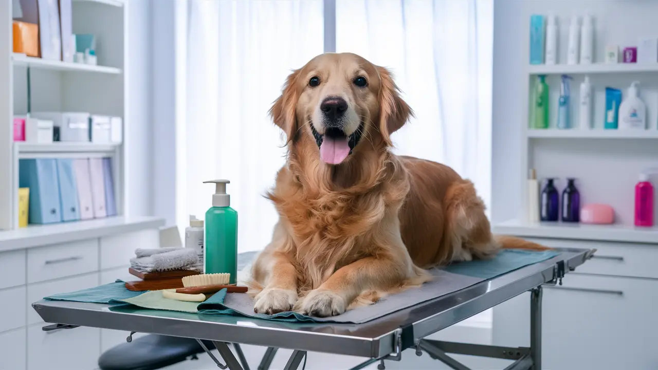 Golden Retriever em uma mesa veterinária cercado por produtos de cuidados para pets em um ambiente iluminado.