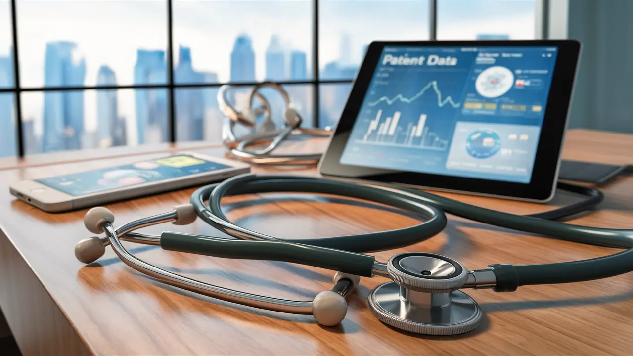 Consultório médico moderno com estetoscópio digital, tablet com dados de pacientes e smartphone com aplicativo de saúde.