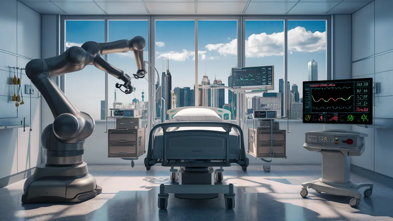 Sala de hospital moderna com equipamento médico avançado e braço cirúrgico robótico ao lado de uma cama.