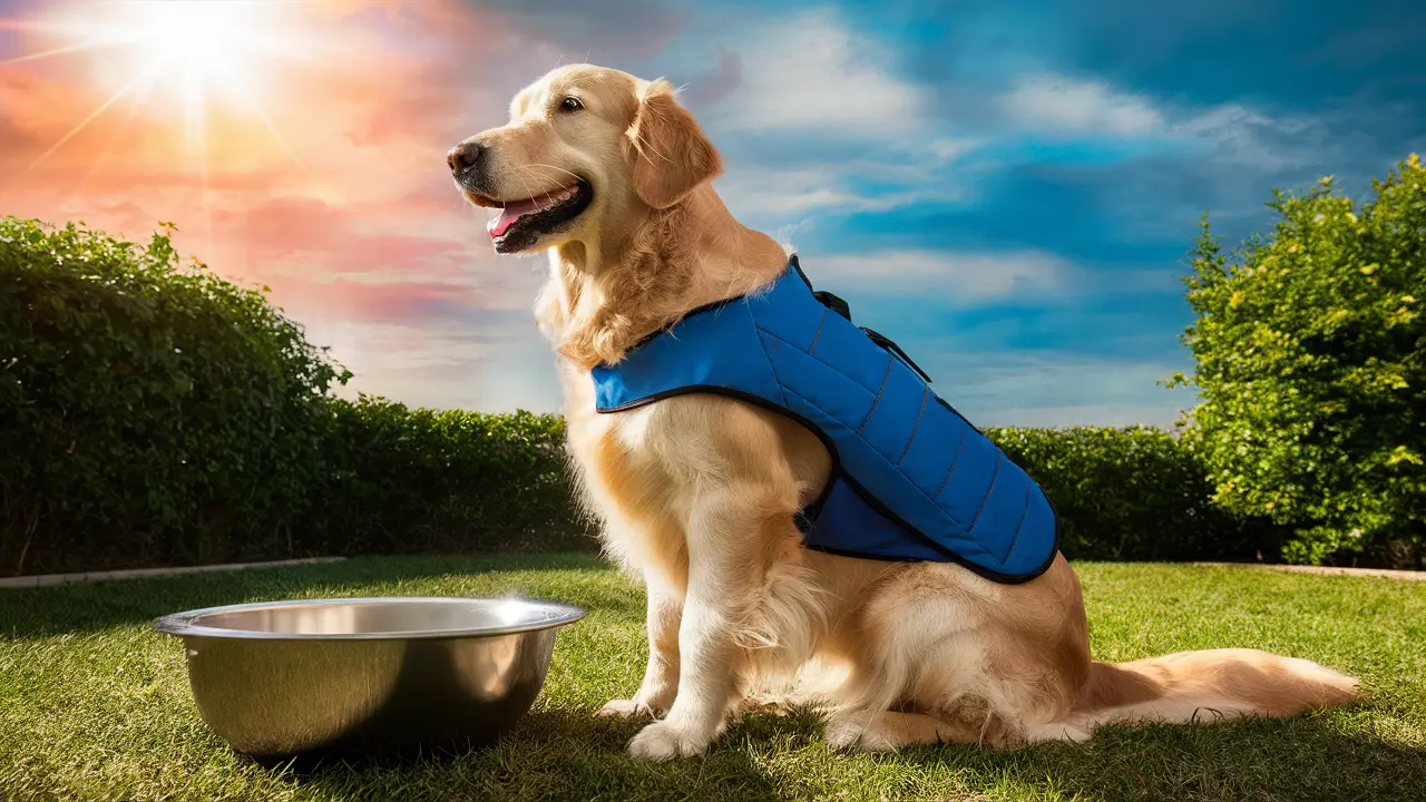 Golden retriever com colete azul sobre grama verde ao lado de tigela de água em aço inoxidável sob céu ensolarado.