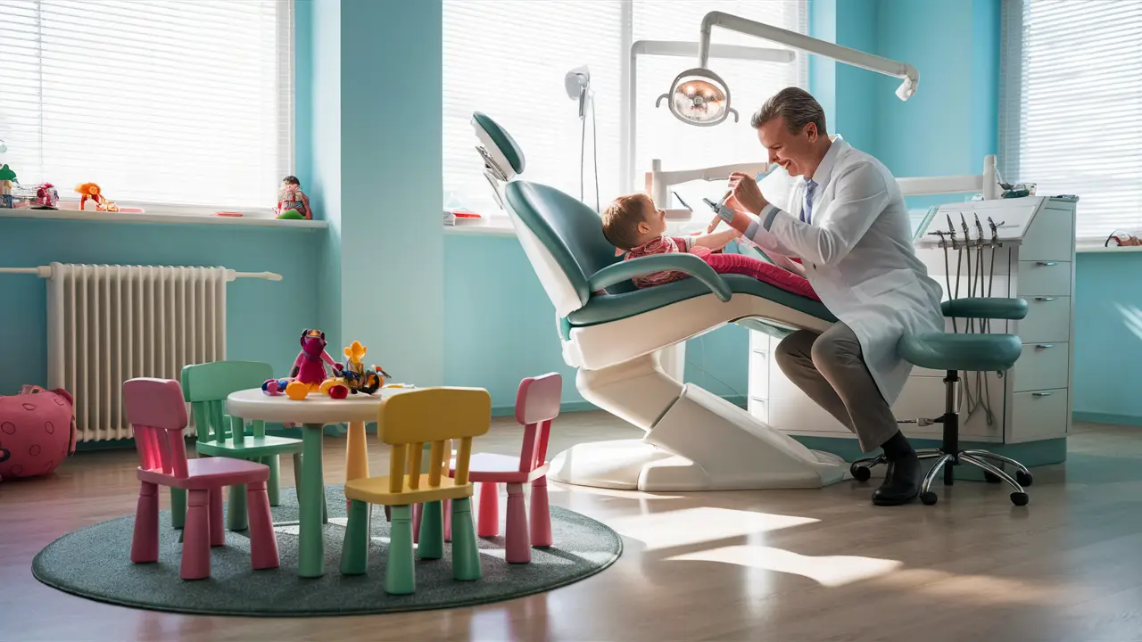 Dentista amigável em consultório analisando dentes de criança com área de brinquedos ao fundo.