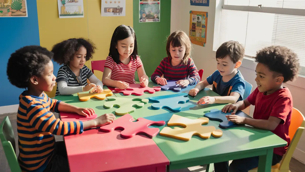 Crianças diversas resolvendo quebra-cabeça colorido em sala iluminada com cartazes educativos.