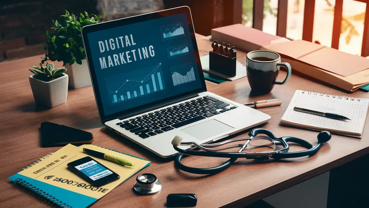 Escritório médico com laptop exibindo gráficos de marketing digital, estetoscópio, smartphone com notificações, caneca de café e planta.
