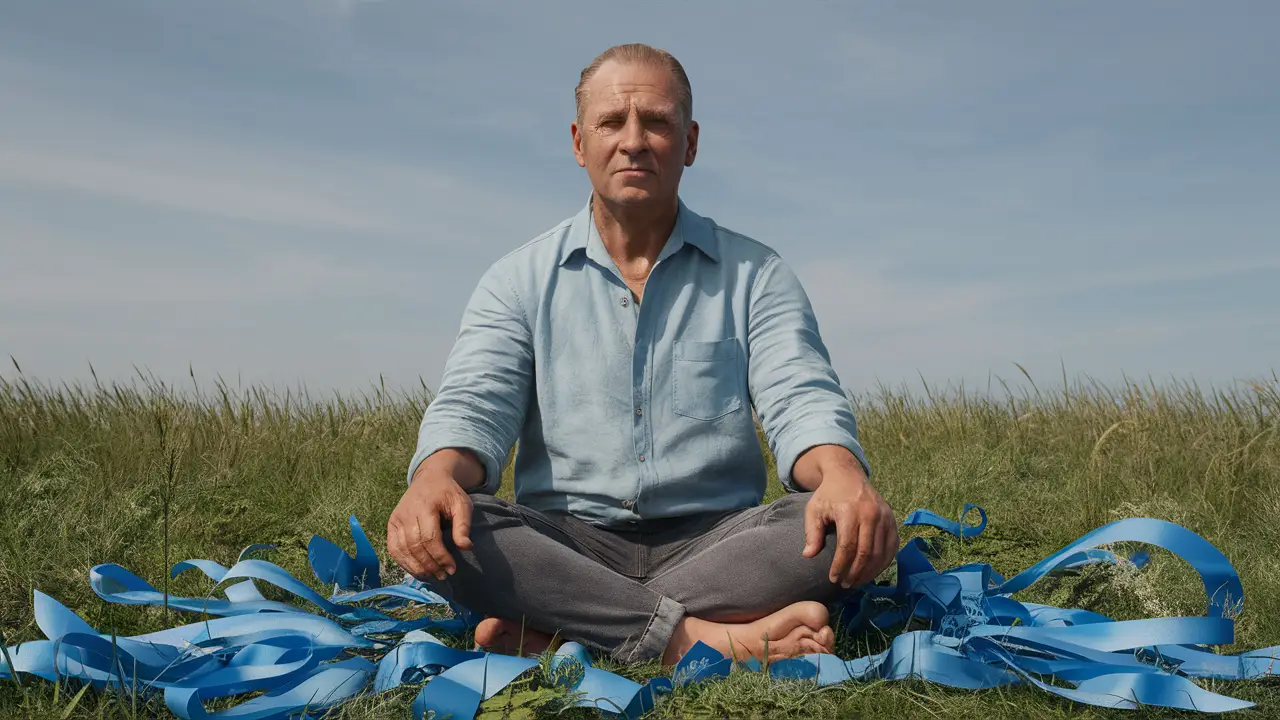 Homem de meia idade sentado em campo com fitas azuis ao redor sob céu claro.