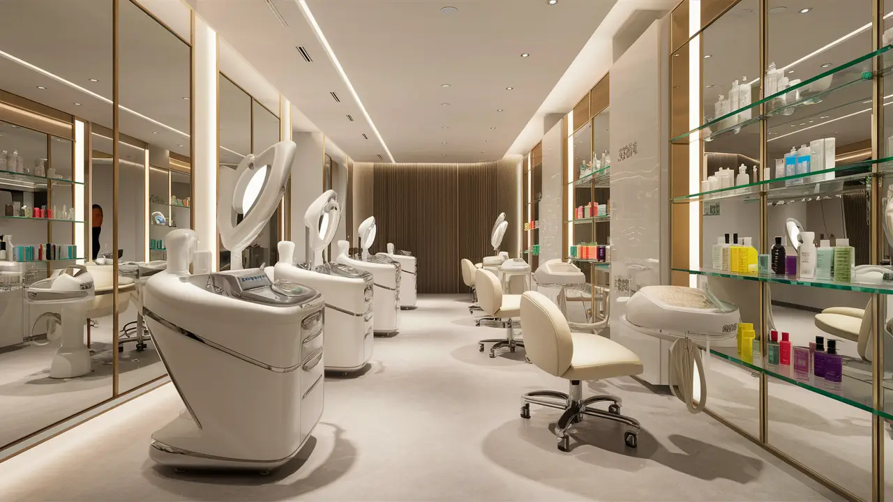 Interior de clínica estética moderna com equipamentos brancos e prateados, prateleiras de vidro e iluminação suave.