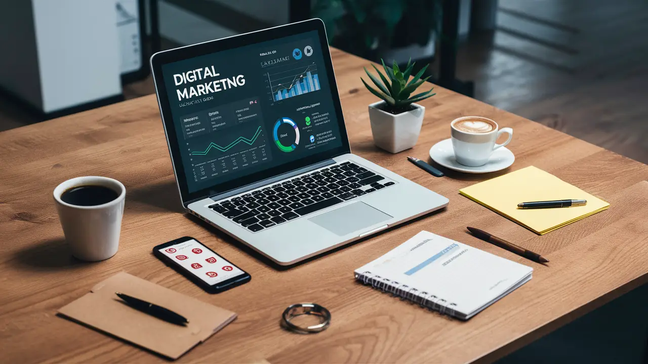 Escritório moderno com laptop exibindo painel de marketing digital, smartphone com notificações sociais, e xícara de café.
