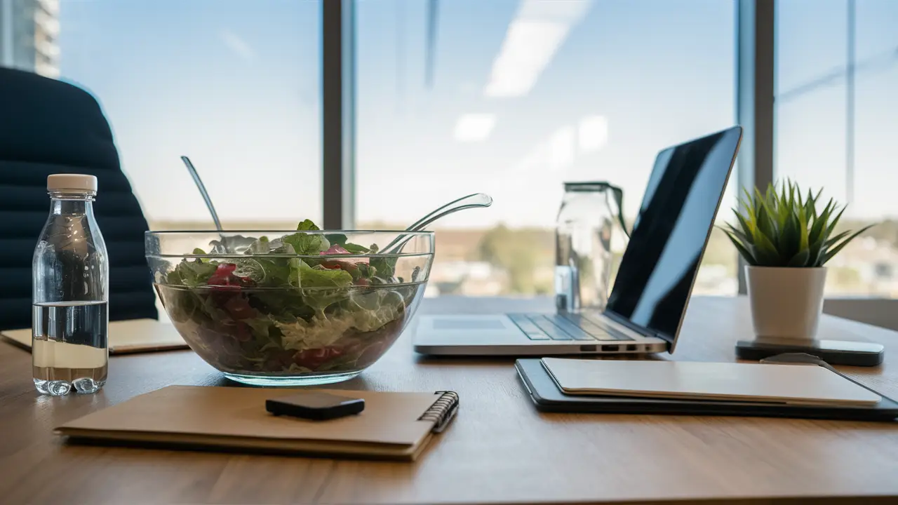 Salada em tigela ao lado de garrafa de água, planta, laptop e bloco de notas em mesa de escritório com janela ao fundo.
