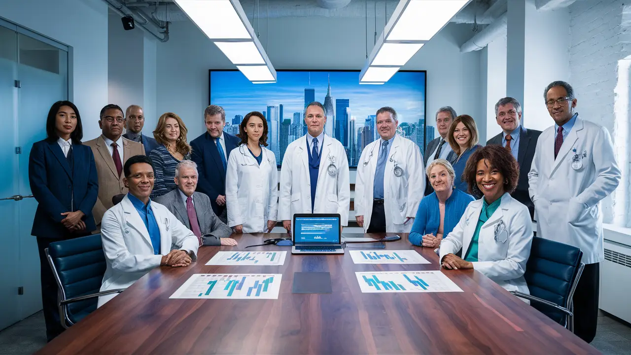Médicos e administradores em reunião com gráficos financeiros e laptop em uma clínica moderna com vista para a cidade.