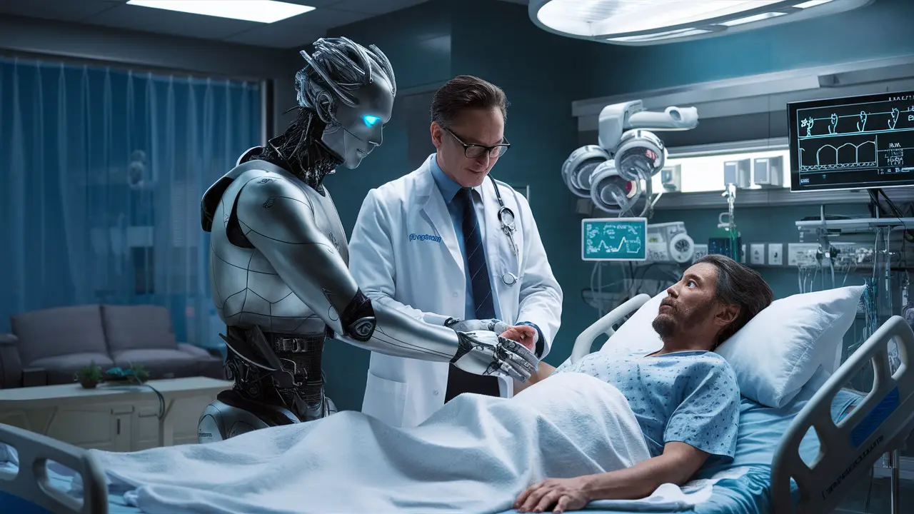 Robô humanoide prateado ajuda médico ao lado de paciente em cama hospitalar com equipamentos médicos de alta tecnologia.