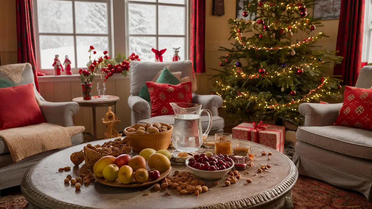 Sala de estar decorada para festas, com mesa cheia de frutas, árvore de Natal e janela com neve caindo.
