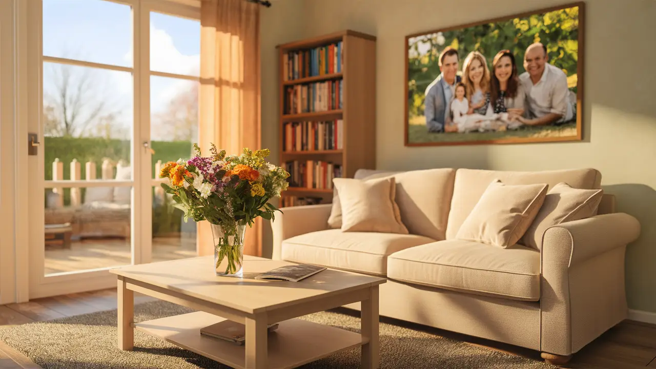 Sala de estar com sofá bege, mesa de madeira, vaso com flores e foto de família na parede iluminada pelo sol.