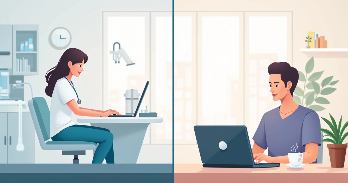 Cliente fazendo consulta online em laptop enquanto profissional de saúde atende paciente presencialmente