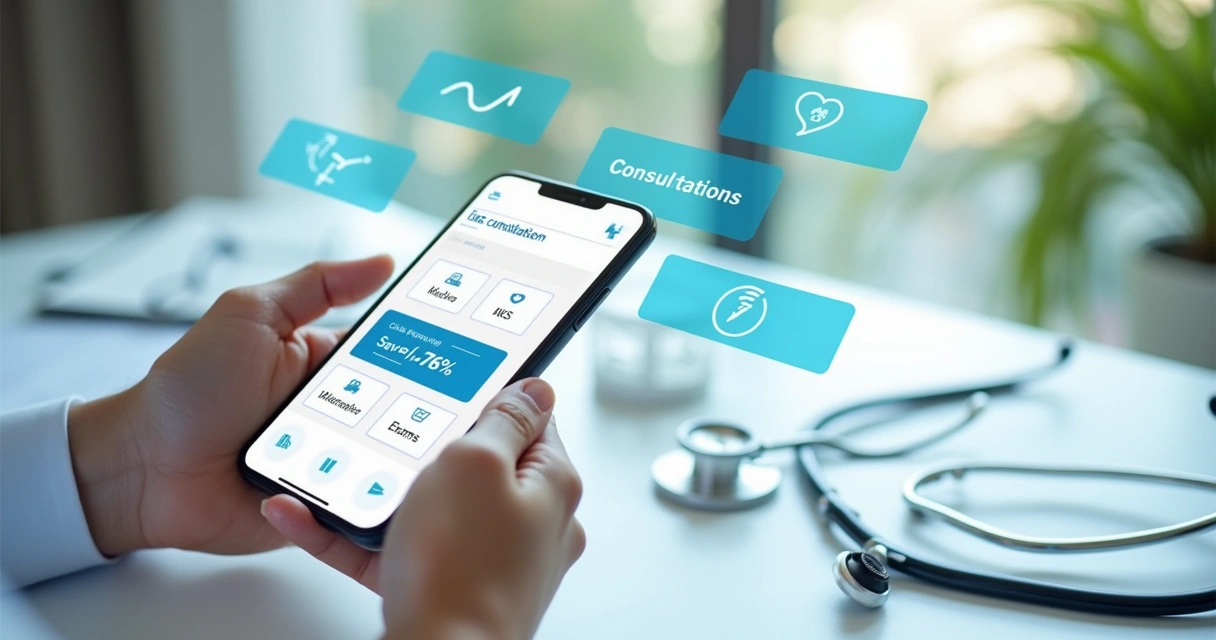 Pessoa usando smartphone para acessar plataforma de descontos em saúde com gráficos de economia ao fundo