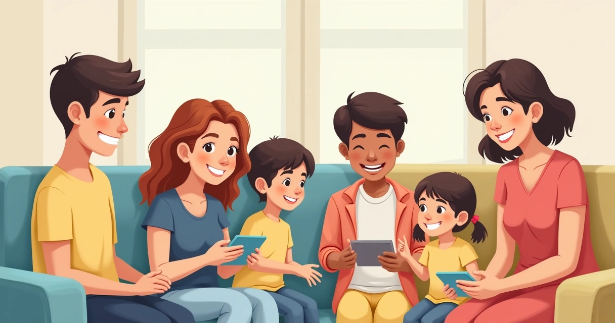 Família reunida na sala consultando plataformas de desconto em saúde no tablet e smartphone