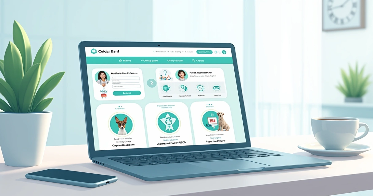 Tela da plataforma Cuidar Bem Card mostrando cadastro, agendamento e benefícios para usuários