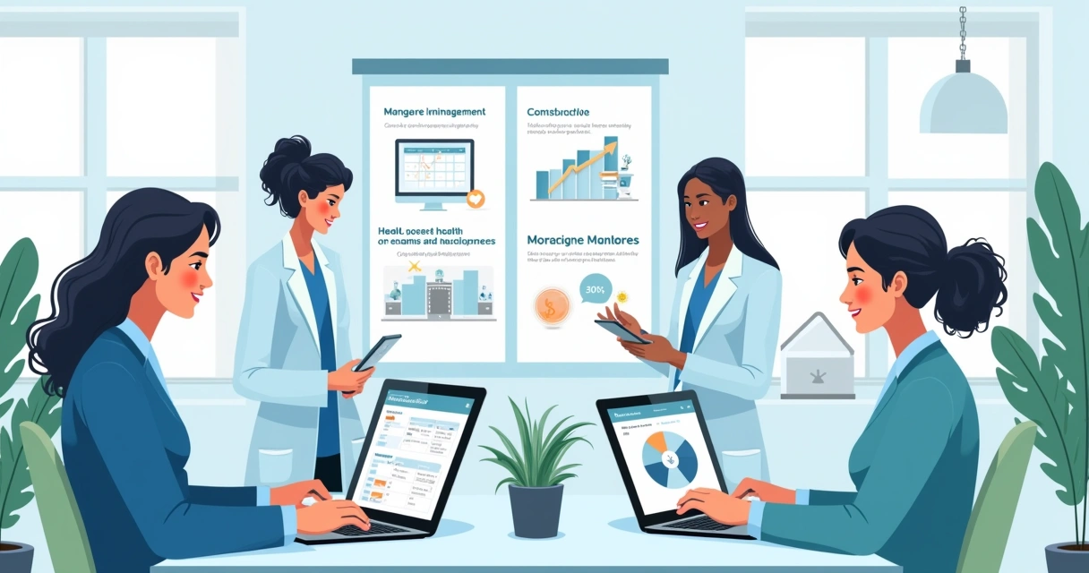 Profissionais utilizando soluções digitais de saúde em ambiente corporativo moderno