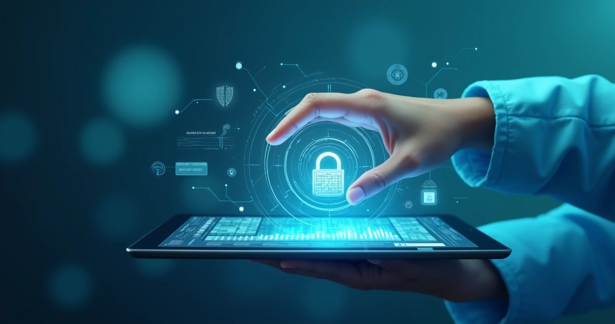 Mão protegendo um ícone digital de cadeado sobre um tablet com dados de saúde